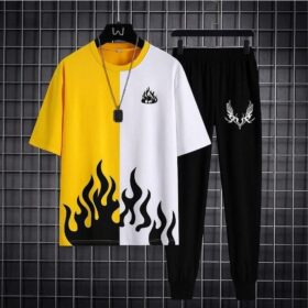 men track suit yellow flame Eid slim fit 2pcs polyester